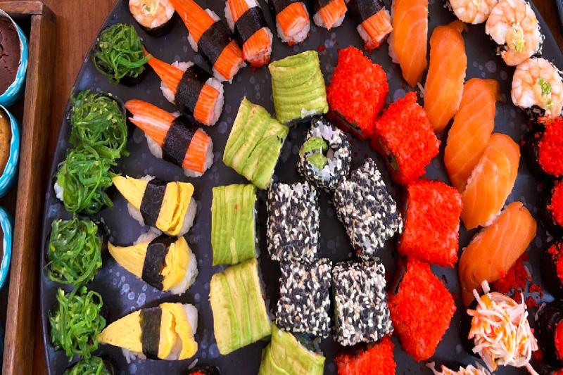  Delicious sushi platter served, perfect for food lovers.