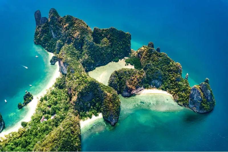 A breathtaking aerial view of Hong Island in Thailand, showcasing its unique rock formations and tur