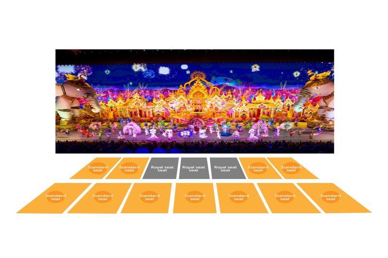 Theater seating chart showing available seats including royal and standard seating areas.