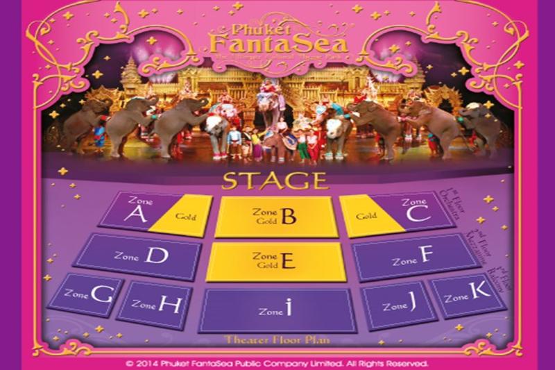 A seating map of the Phuket Fantasea theater, showing different zones and stages.