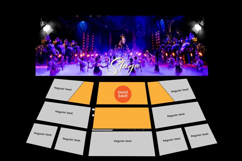 A seating plan for the Phuket Fantasea theater with a stage, Gold seats, and Regular seats.
