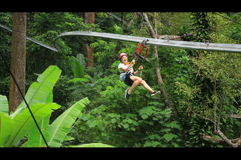 Visitors enjoying an eco-friendly adventure at Hanuman World Phuket, featuring ziplines, sky bridges
