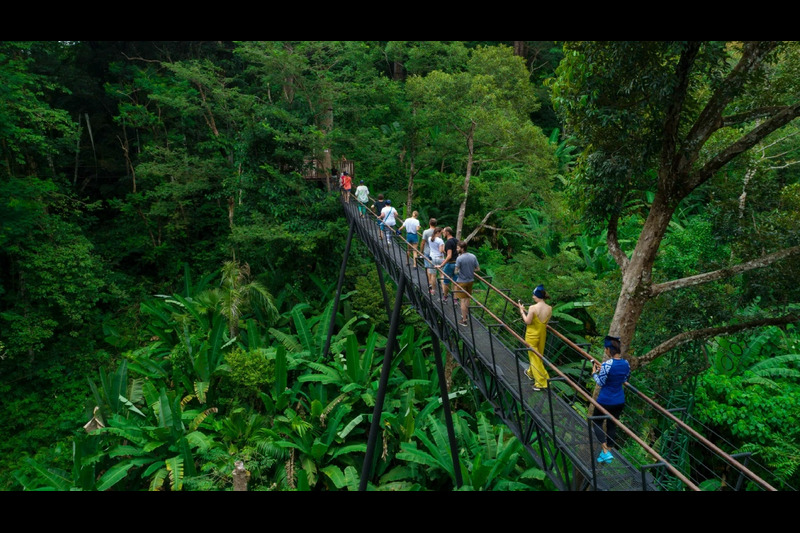 A group of tourists preparing for a thrilling zipline experience at Hanuman World adventure park in 