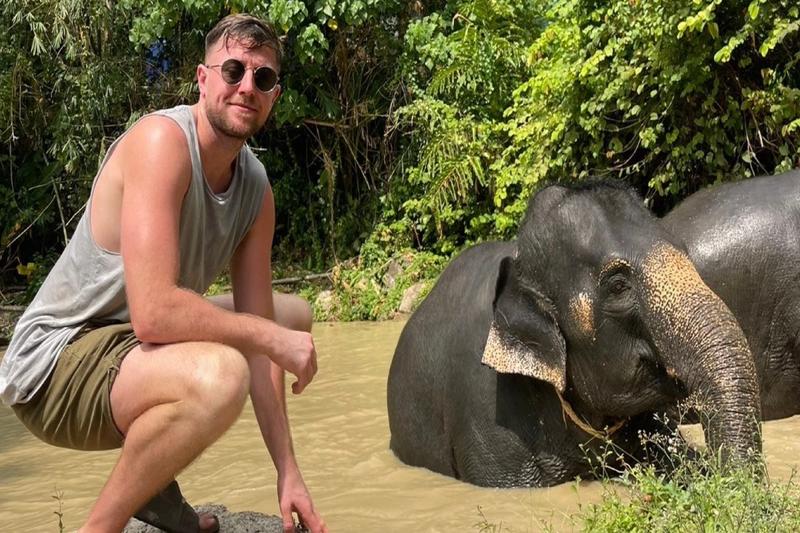 Elephant care Phuket, elephants enjoying mud bath and water play